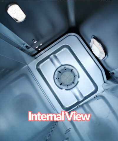 The internal view of the powerful heater, the kero 4600. It's a blue-si;lver colour and sleek in it's construction. There is a reservoir for fuel at the bottom. Two clear displays allow the user to see the fuel level through the body of the machine