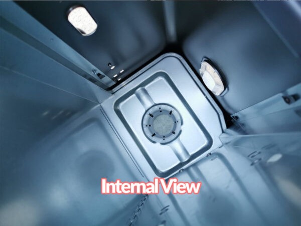 The internal view of the powerful heater, the kero 4600. It's a blue-si;lver colour and sleek in it's construction. There is a reservoir for fuel at the bottom. Two clear displays allow the user to see the fuel level through the body of the machine