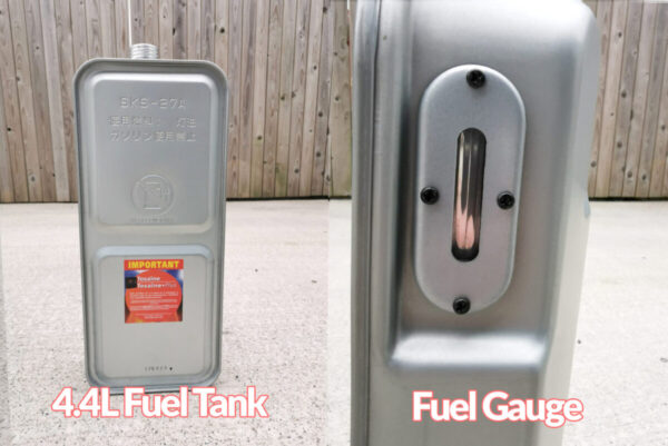 A view of the 4.4L fuel tank. It's much longer and thinner looking that the other heaters' tanks. It has an oval shaped fuel gauge on the side which is black to the point where the fuel is