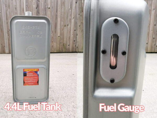 A view of the 4.4L fuel tank. It's much longer and thinner looking that the other heaters' tanks. It has an oval shaped fuel gauge on the side which is black to the point where the fuel is
