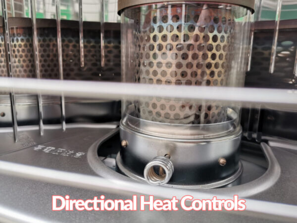A detailed, close view of the directional heat control on the Tosai 360 / Kero 360 heater. It's curlced like a pig's tail and metallic. It's connected to the burner which is a silver, tube box with a golden, mtallic