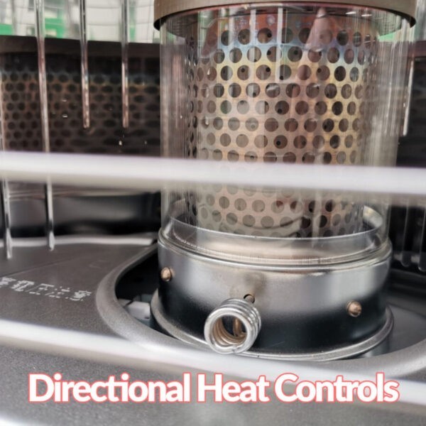 A detailed, close view of the directional heat control on the Tosai 360 / Kero 360 heater. It's curlced like a pig's tail and metallic. It's connected to the burner which is a silver, tube box with a golden, mtallic