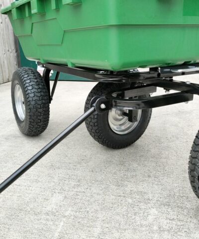 The front wheels on the tip cart at a right angle to the back wheels.