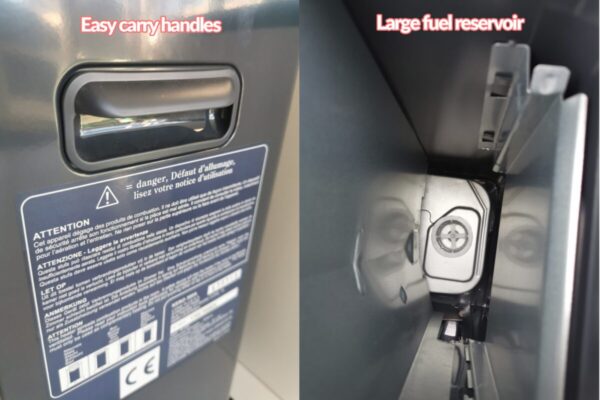 A side and internal view of the kero heater. It shows the easy grip handles on the side and the fuel reservoir on the internal photo