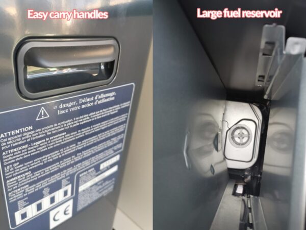 A side and internal view of the kero heater. It shows the easy grip handles on the side and the fuel reservoir on the internal photo