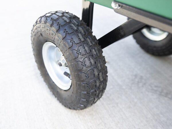 Detail on anti puncture wheel on the Tipping Utility Cart from Sheds Direct Ireland