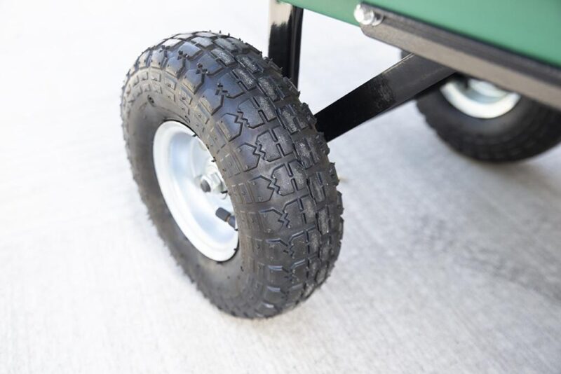 Detail on anti puncture wheel on the Tipping Utility Cart from Sheds Direct Ireland