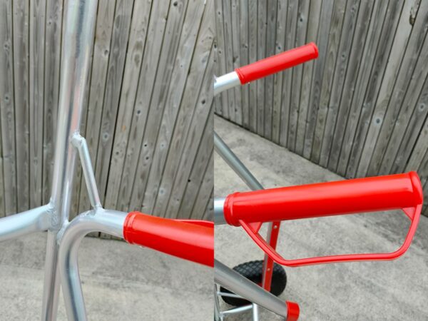 Close up details on the handle, including the welding details on the aluminium hand truck