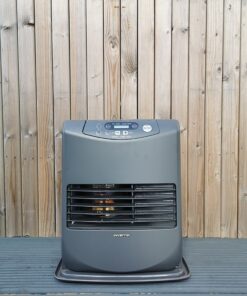 The Inverter 5086 Heater against a wooden backdrop wall. It's at eye level and you can see the heating mechanism through the grate inside.