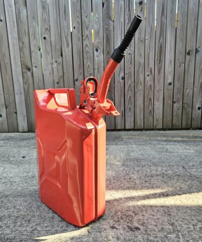 The Red, 10L jerry can with Spout as seen from a 45 degree angle