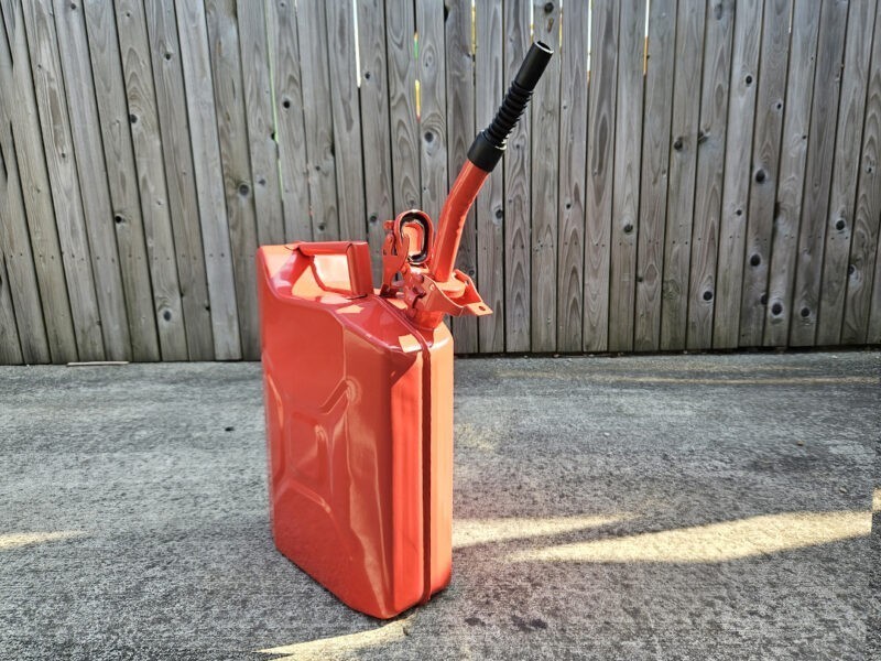 The Red, 10L jerry can with Spout as seen from a 45 degree angle