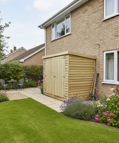 A wooden bike shed against the back wall of a house in Dublin