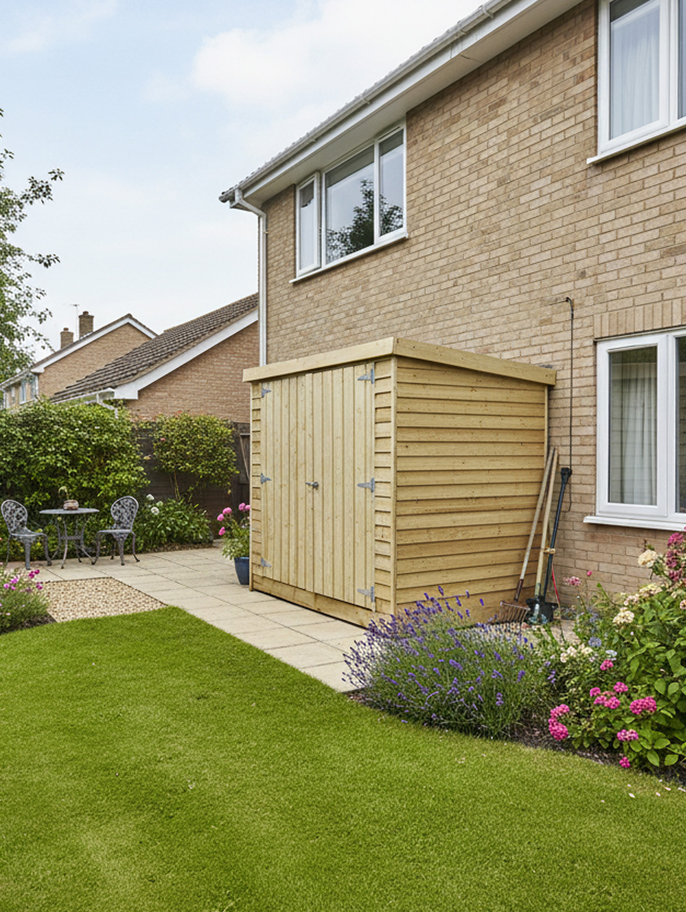 A wooden bike shed against the back wall of a house in Dublin