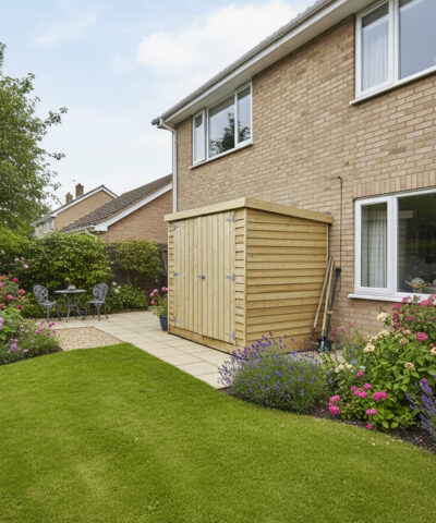 Wooden Bike Shed against the side of a house