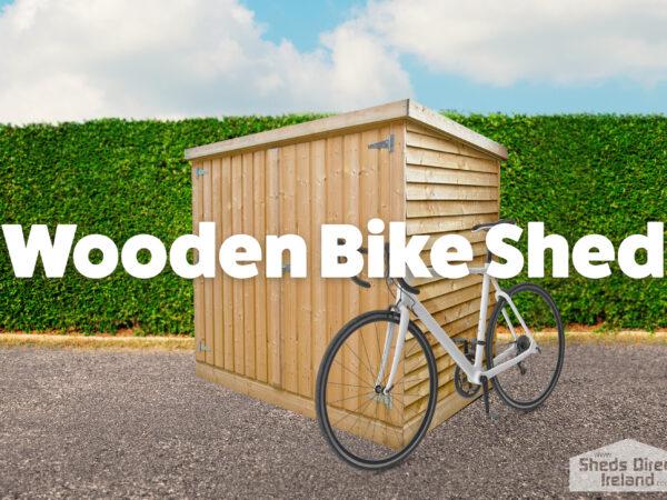 The Wooden Bike Shed seen from the right hand side. big bold text that reads wooden bike shed. a white bike leans onto shed