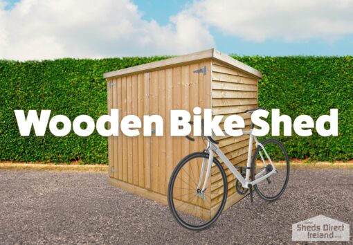 The Wooden Bike Shed seen from the right hand side. big bold text that reads wooden bike shed. a white bike leans onto shed