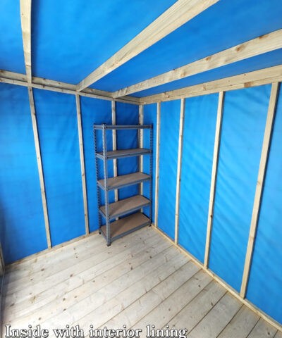 The interior of the cabin shed with blue felt lining