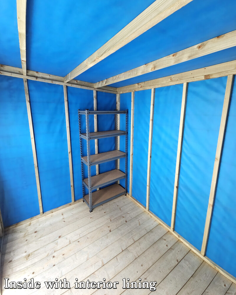 The interior of the cabin shed with blue felt lining