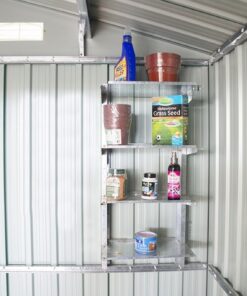 Steel Shelves mounted on the inside of a shed. They're grey and loaded with common garden roducts like bird feed, grass seed, plant pots and weed killer.