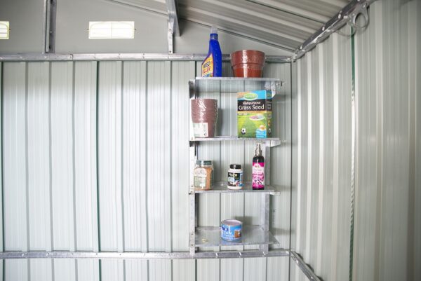 Steel Shelves mounted on the inside of a shed. They're grey and loaded with common garden roducts like bird feed, grass seed, plant pots and weed killer.