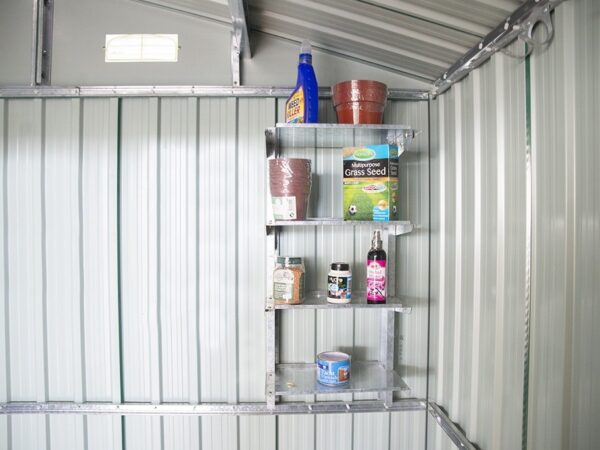 Steel Shelves mounted on the inside of a shed. They're grey and loaded with common garden roducts like bird feed, grass seed, plant pots and weed killer.