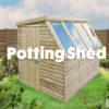 The Sheds Direct Ireland potting shed in a garden in Skerries. It's on the left hand side of the frame and there is a green lawn under it, which runs into the forground. To the right there is a plastic greenhouse and two thin trees about 7 ft tall are either side of the shed. The shed is a golden-brown colour and three large glass panels are on the right hand side of the shed at an approximate 15 degree angle, sloping down.