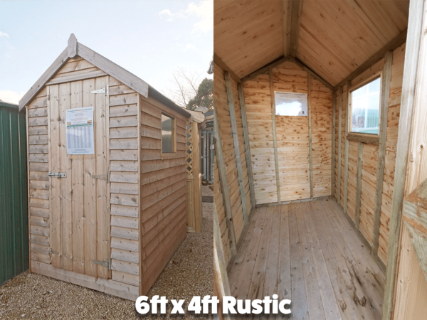 Standard Rustic 6ft x 4ft wooden garden shed as seen from both the inside and the outside