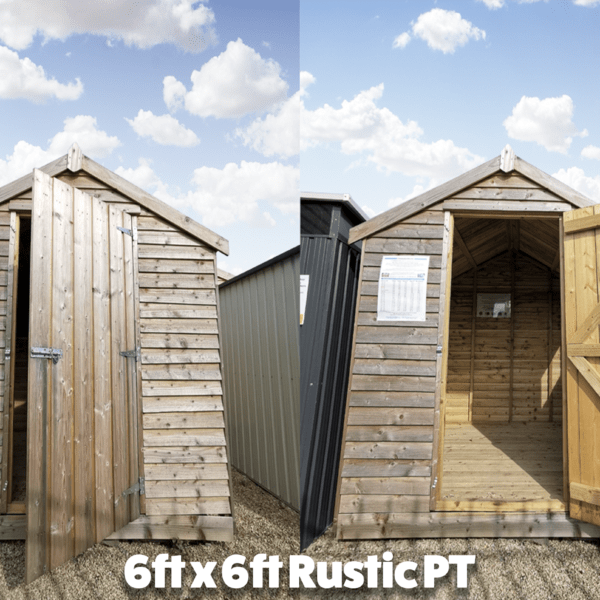 6ft x 6ft Wooden Shed as seen from the outside. It is pressure treated and this is visible as the shed has a pale, almost silvery colouring to the wood