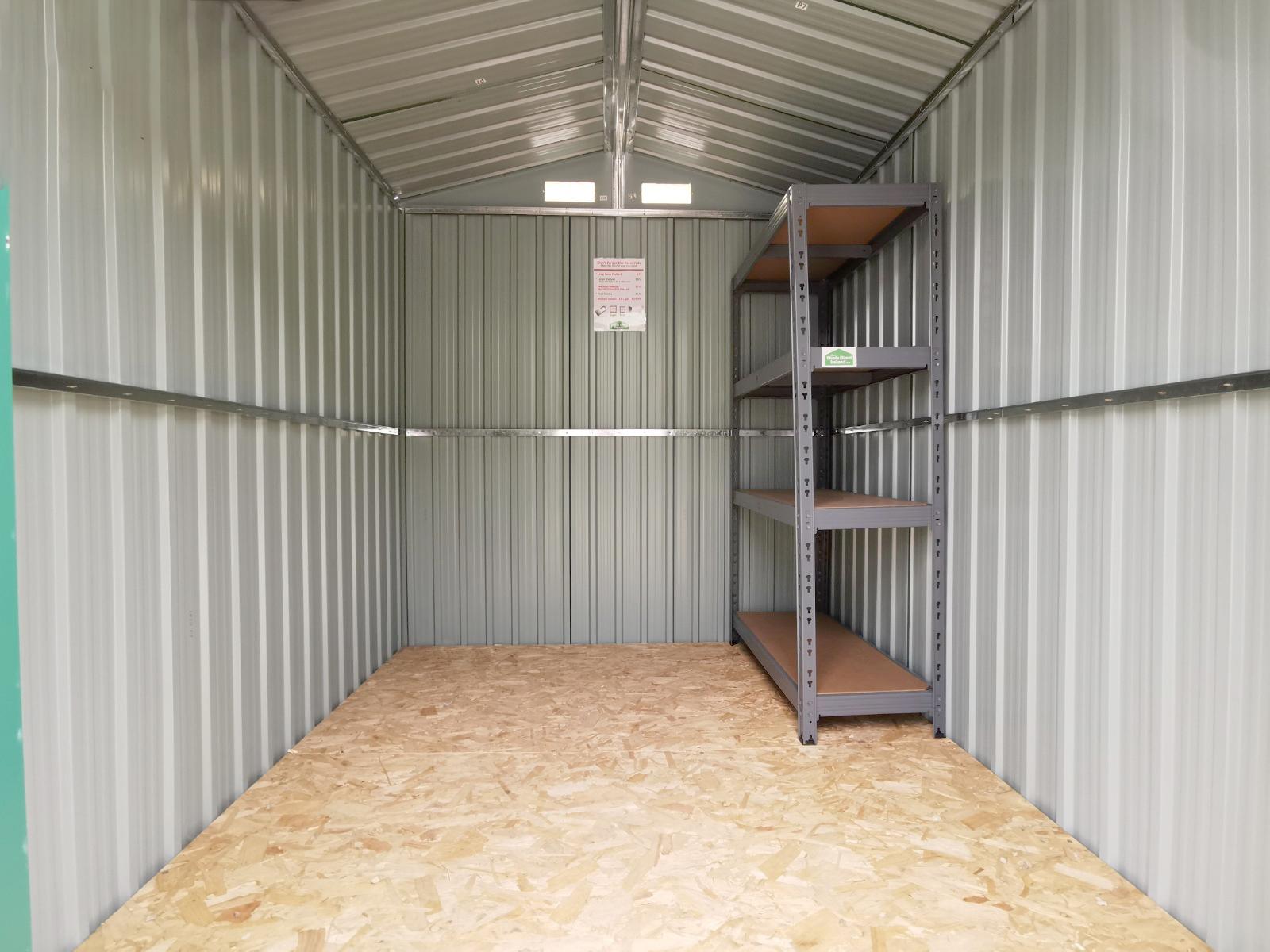 An internal view of the 6ft x 8ft steel garden shed as seen from the door, looking inwards.