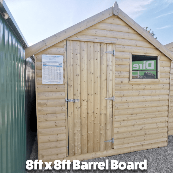 The outside of the 8ft x 8ft barrel board wooden shed. I has one window and an offset door