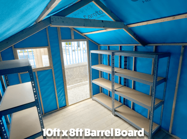 Inside the 10ft x 8ft Barrel Board Wooden Shed. There is a blue lining on the walls througout