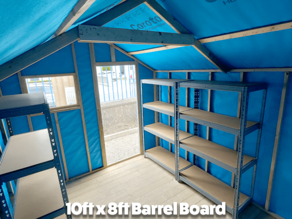 Inside the 10ft x 8ft Barrel Board Wooden Shed. There is a blue lining on the walls througout