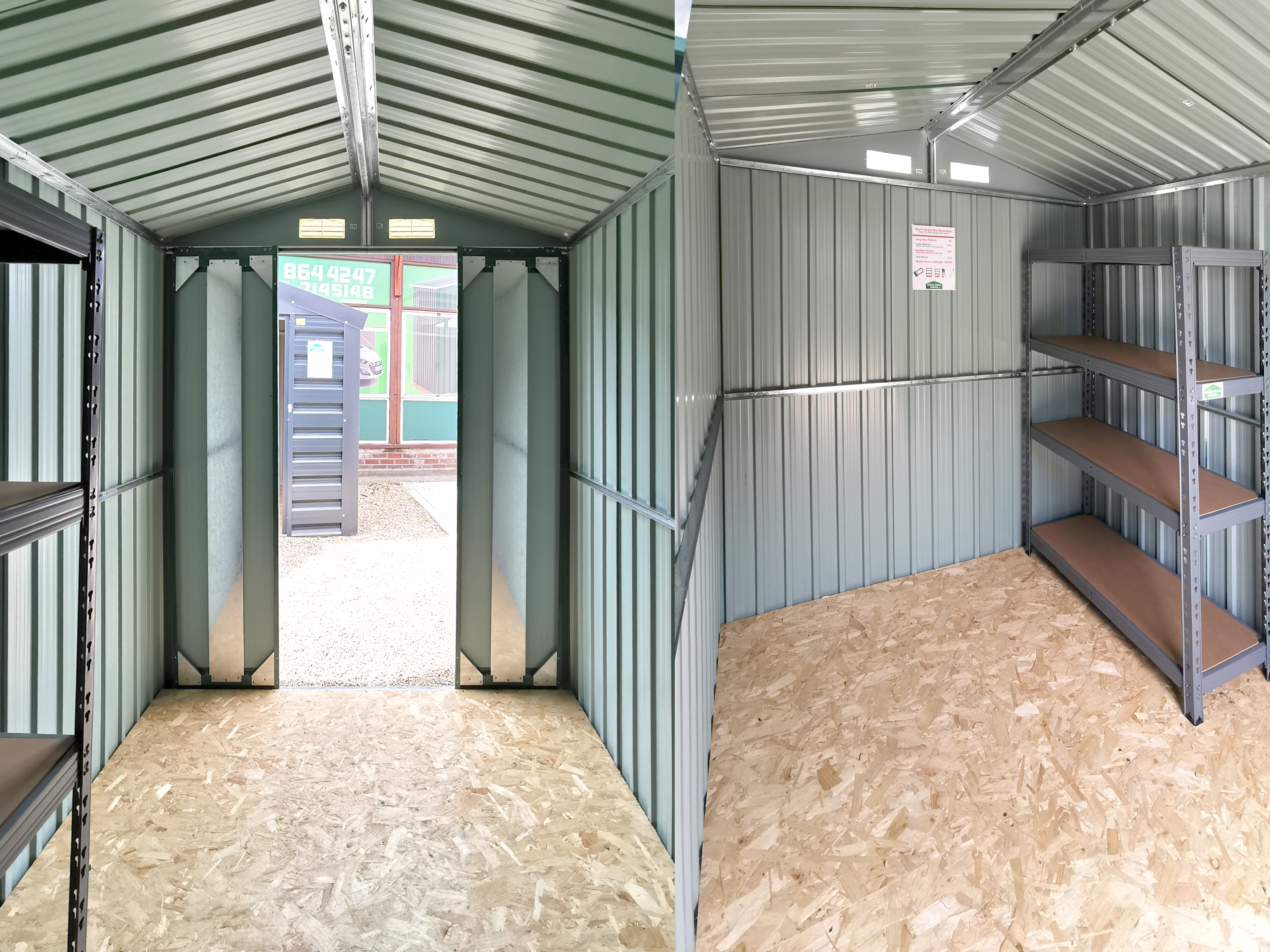 Two images side by side, both showing the inside of the shed. The first is from a mid-height level, from the back of the shed looking outwards. The second is from the inside corner looking towards the back
