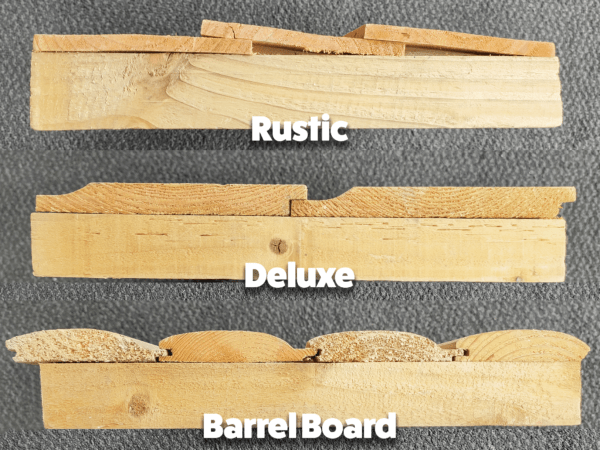 Wood Types lined up against each other. On top is the rustic wood, in the middle is the deluxe wood and on the bottom is the barrel board wood.