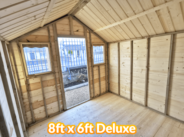 Inside the 8ft long and 6ft wide Deluxe wooden shed from sheds direct ireland