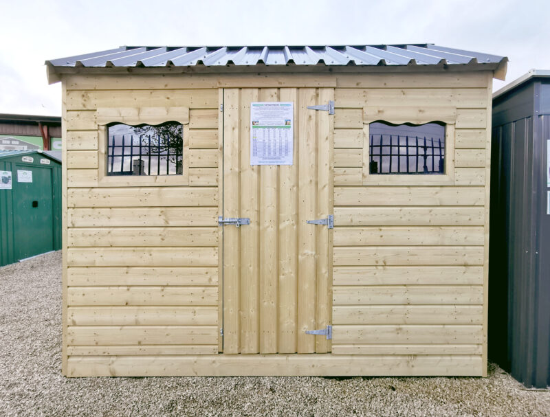 The 10ft x 6ft Wooden Cottage Shed with a steel roof on the Sheds Direct Ireland lot in Dublin.