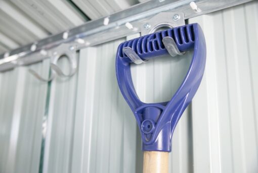 Tool Hook, screwed into a shed, holding up a shovel