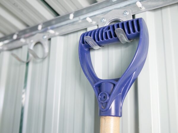 Tool Hook, screwed into a shed, holding up a shovel