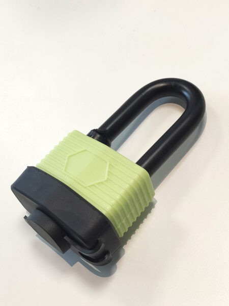 A thick, black padlock with a green rubber covering