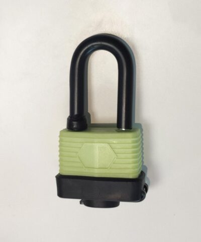 A green rubber covered black padlock