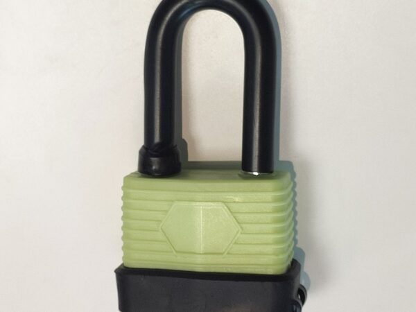 A green rubber covered black padlock