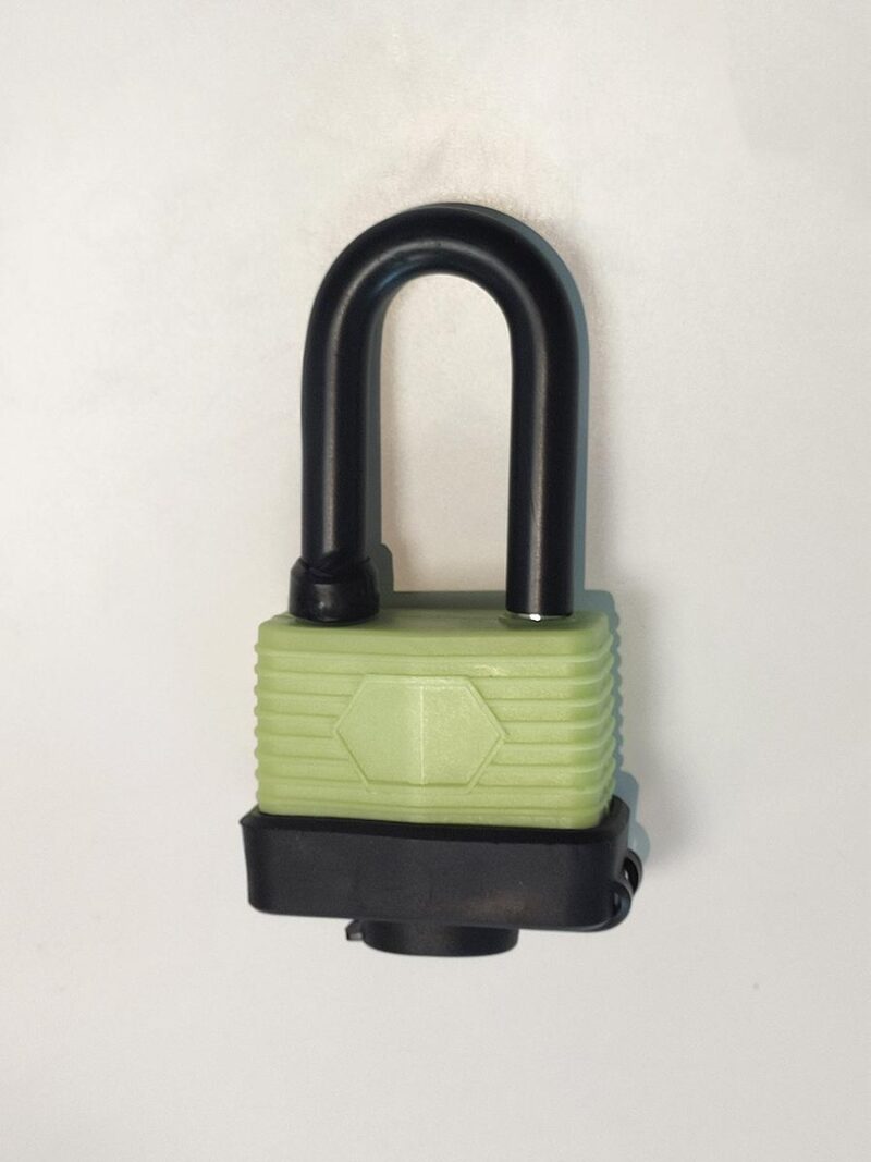 A green rubber covered black padlock