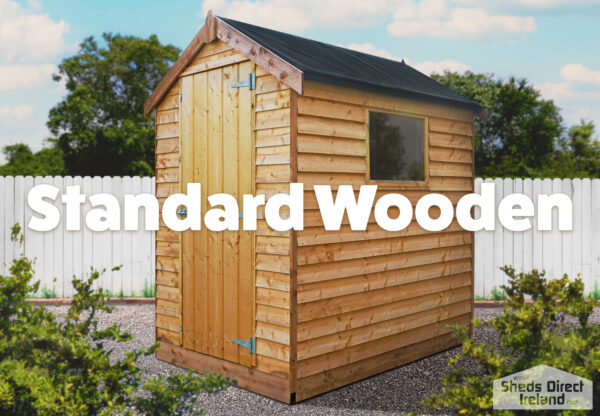 Wooden Shed as seen from the outside. It is pressure treated and this is visible as the shed has a pale, almost yellow colouring to the wood