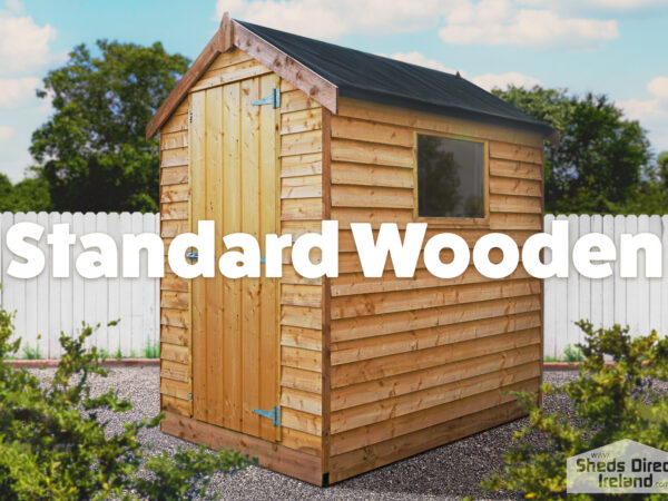 Wooden Shed as seen from the outside. It is pressure treated and this is visible as the shed has a pale, almost yellow colouring to the wood