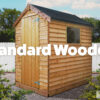 Wooden Shed as seen from the outside. It is pressure treated and this is visible as the shed has a pale, almost yellow colouring to the wood