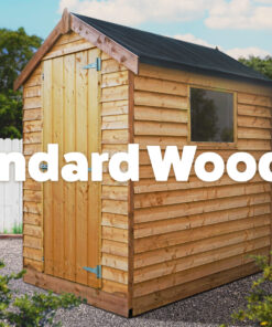 Wooden Shed as seen from the outside. It is pressure treated and this is visible as the shed has a pale, almost yellow colouring to the wood