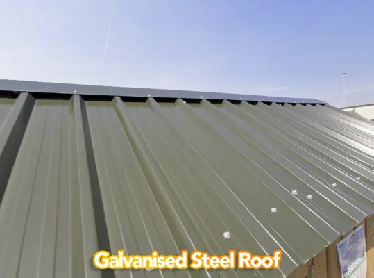 A view of the galvanised Steel Roof on a wooden sheds available from Sheds Direct Ireland. It's a deep grey-green, like a tank, and it's rivited to the walls on the outside with silver, circular bolts.