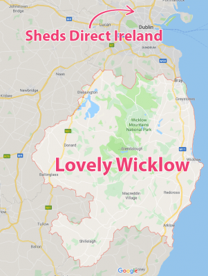 A map of County Wicklow showing the small distance between the entire county and the Sheds Direct Ireland Head Office