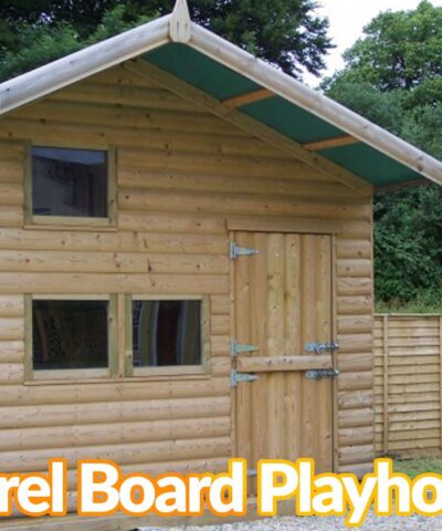 A wooden children's wooden playhouse with the text that reads 'barrel board playhouse' on top of it.