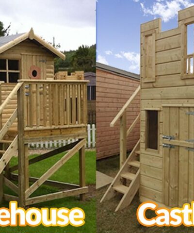 A wooden tree house and a wooden childrens castle next to each other